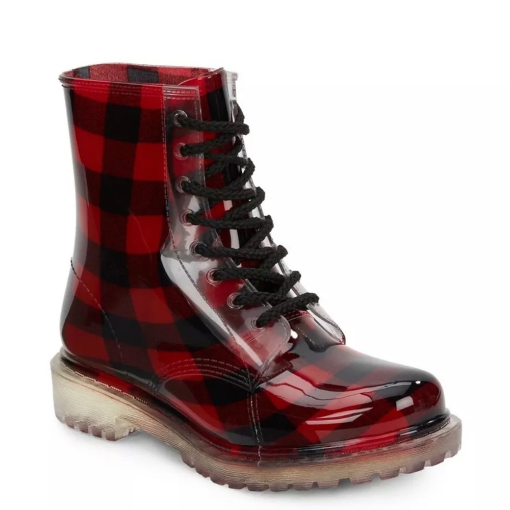 Dirty Laundry Red Plaid Rain Boots great condition Size 7 Sold Out